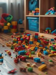 Bright and organized children's playroom featuring toy blocks, storage spaces, and toys for educational play.