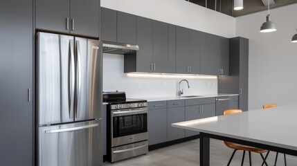 Fototapeta premium Modern kitchen with sleek design featuring stainless steel appliances and minimalistic cabinets, ideal for contemporary living spaces.