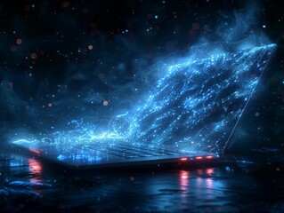 Laptop generating blue particles of data in a dark environment