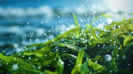 Water droplets falling on a lush green forest, with sunlight reflecting off the clear water in a stream. A tranquil scene of nature's beauty.