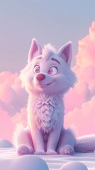 Naklejka premium A white wolf pup sits on a snowy hill, gazing up at the pink sunset clouds