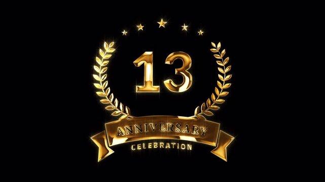 13th Anniversary Celebration. Happy 13 Years Anniversary Animation in Gold Color on the Transparent Background, Alpha Channel. Great for greetings, celebrations, events, and gifts.