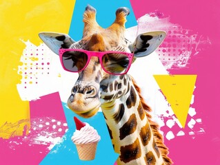 An adorable giraffe wearing pink sunglasses and having an ice cream cone.