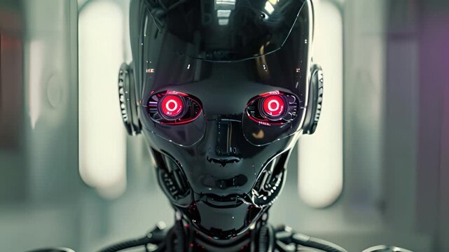 Close-up of a scary humanoid robot with glowing red eyes. Danger of AI concept.