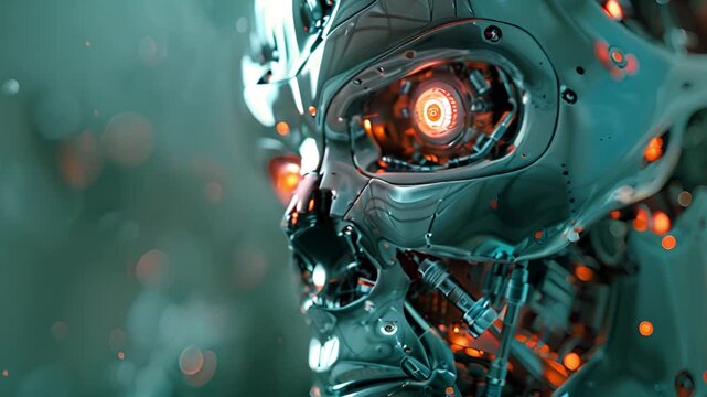Close-up of a scary humanoid robot with glowing red eyes. Danger of AI concept.