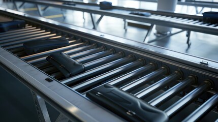 A close-up view of a conveyor belt system, possibly used for manufacturing or assembly processes.