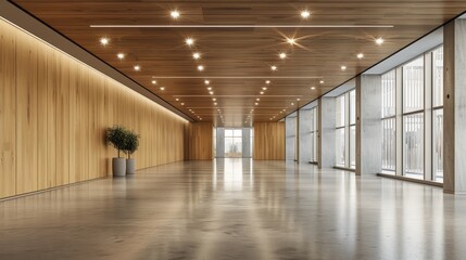 Spacious and Bright Interior Lobby with Wooden Paneling and Recessed Lighting