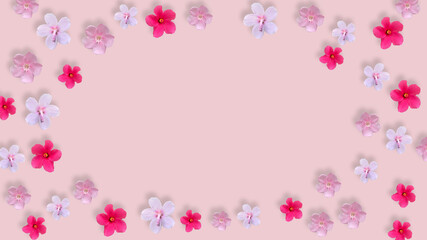 white, red, pink flower on pink background, Creative lifestyle, summer or  spring concept. Copy space, flat lay, top view. 