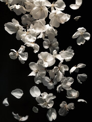 Falling Pear Blossom Petals on Black Background