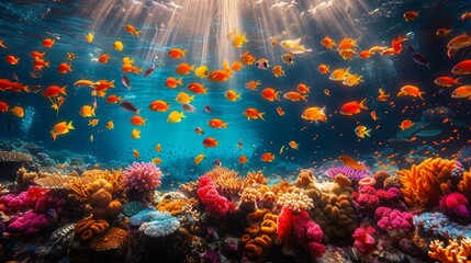 Fototapeta premium Colorful tropical coral reef with abundance of fish swimming in sunrays