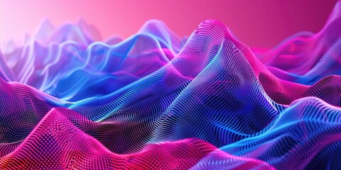 Obraz premium Abstract digital artwork featuring neon lights and mountainous terrain. Vivid hues of cyan and pink set against a dark background with dynamic patterns.