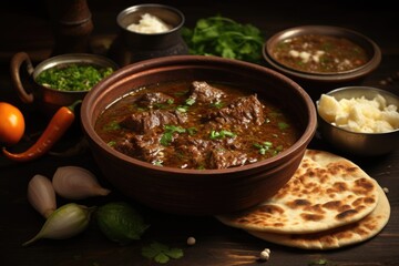 A variety of spiced meat and vegetables in a warm, flavorful broth, often served with roti or naan bread.