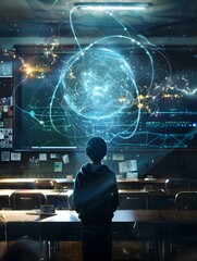 Futuristic quantum physics classroom featuring cutting edge technology seamlessly integrated into the daily learning experience 