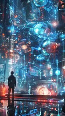 Obraz premium Futuristic and visionary digital depicting a quantum optics research laboratory studying the future of visual media and immersive technologies The scene features a surreal 