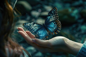 A close-up image of a woman's hands gently holding a vibrant blue butterfly, symbolizing peace and natural beauty.