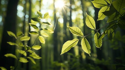 Fototapeta premium Vibrant green leaves glistening in sunlight, showcasing the beauty and tranquility of nature in a dense forest setting.