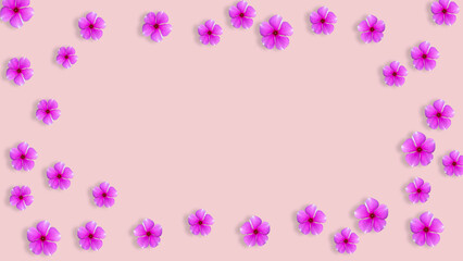 pink , purple flower frame on pink background, Creative lifestyle, summer or spring concept. Copy space, flat lay, top view.