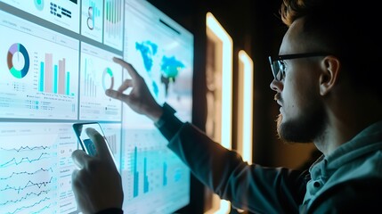A software developer showcasing an innovative app prototype on a large screen to investors with detailed charts and diagrams illustrating the features of the new digital project without using colons
