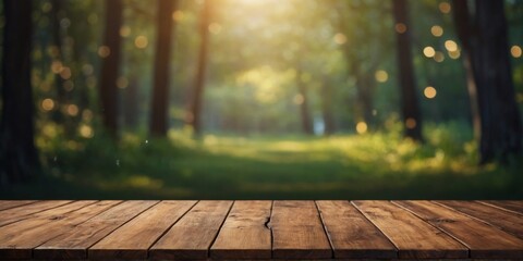 Empty wooden table for product display montages with bokeh background.