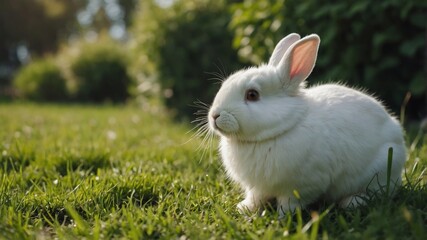 Cute adorable white fluffy rabbit sitting on green grass lawn at backyard Small sweet bunny walking by meadow in green garden on bright sunny day Easter nature and animal background.