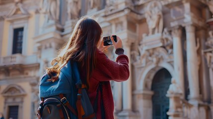 Fototapeta premium Candid at a Tourist Attraction: A woman taking photos at a famous tourist attraction, capturing memories of her trip. 