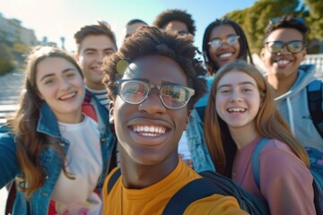 Obraz premium Young adults in casual clothes posing for a photo on a city street during the day.