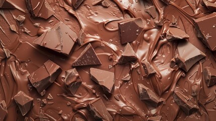 Broken pieces of milk chocolate on a smooth surface. Creamy and indulgent food background for dessert textures.