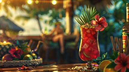 Cocktail with tropical fruit served in a coconut shell, evoking the beach bar vibe of an island vacation.