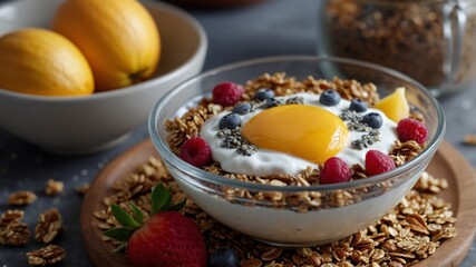 Healthy breakfast with granola, yogurt, coffee, fruits and chia seeds.