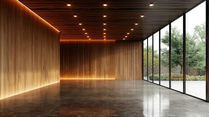 Minimalist Wooden Interior with Large Glass Windows Overlooking Nature