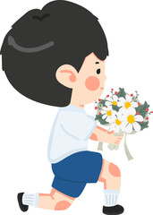 Boy kneels with flowers in hand