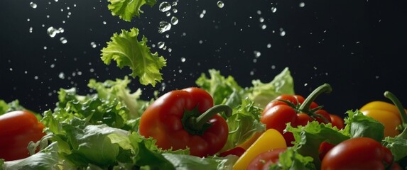 Falling vegetables, salad of bell pepper, tomato and lettuce leaves.