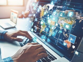 Programmer working with laptop and hologram of social media icons and world map