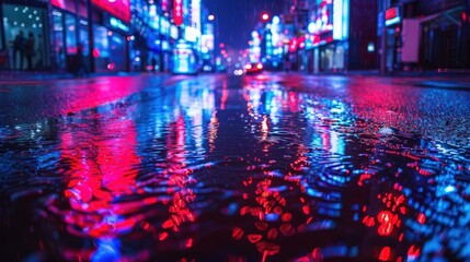Fototapeta premium Vibrant Neon Lights Reflecting in Wet City Streets at Night