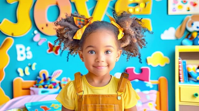 A black girl of five years old with two ponytails in a bright children's room full of children's toys.	
