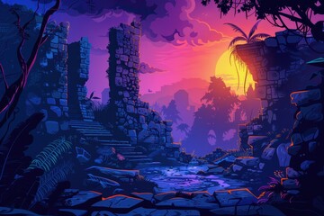 Obraz premium Vibrant ruins of an ancient temple bathed in the warm hues of a setting sun