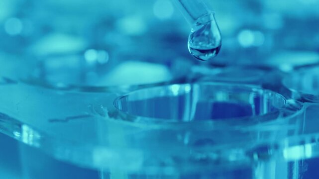 Pipette dripping transparent liquid into well of microplate for medical testing in laboratory with blue illumination. Macro view