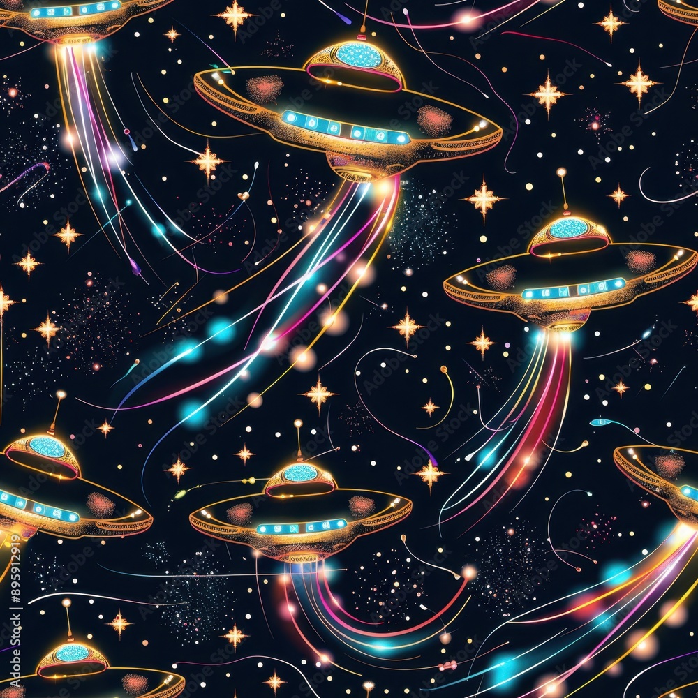 Wall mural galactic ufo patterns: cosmic spaceships and stellar backdrop