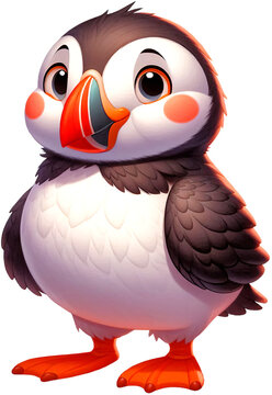 Freundlicher l&auml;chelnder Baby-Papageientaucher Puffin gezeichnet im Kindchenschema im Stil f&uuml;r ein Kinderbuch. Strahlende neugierige Augen, rote Wangen und ein orangener gl&auml;nzender Schnabel.