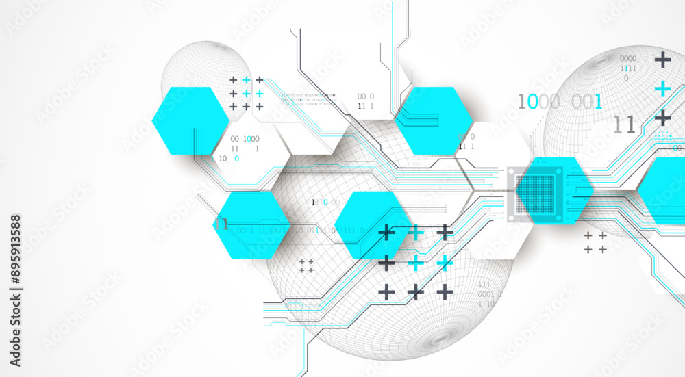 Poster Abstract circuit board background with hexagons and sphere. Hi-tech digital technology concept. Hand drawn vector.