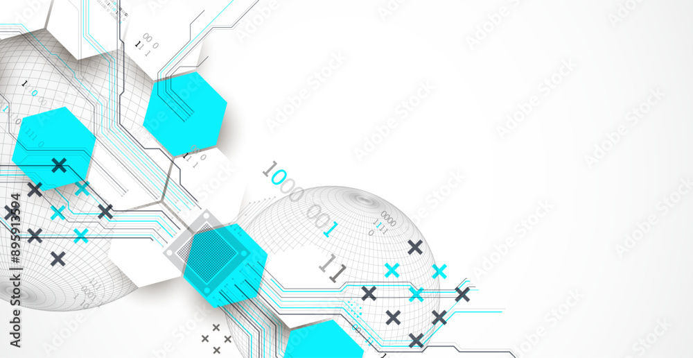 Poster abstract circuit board background with hexagons and sphere. hi-tech digital technology concept. hand