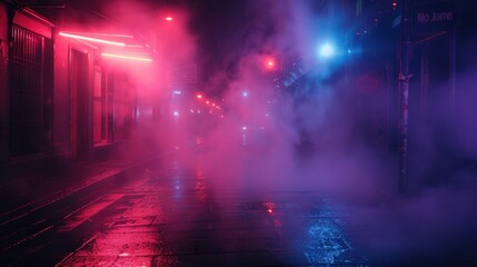 Moody Neon Alley at Night with Atmospheric Fog