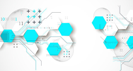 Abstract circuit board background with hexagons and sphere. Hi-tech digital technology concept. Hand drawn vector.