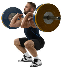 Naklejka na ściany i meble Full length portrait of athletic man in sportswear exercising with against transparent background. Fit young muscular caucasian model with barbell training at gym. Sport, weightlifting concept