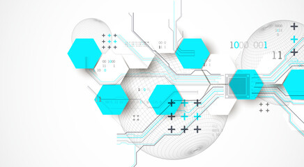 Abstract circuit board background with hexagons and sphere. Hi-tech digital technology concept. Hand drawn vector.