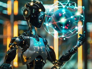 Fototapeta premium High fidelity quantum states integrated into a real world robotics visualization featuring a futuristic intelligence robot with a glowing holographic sphere representing advanced digital technology 