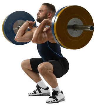 Full length portrait of athletic man in sportswear exercising with against transparent background. Fit young muscular caucasian model with barbell training at gym. Sport, weightlifting concept