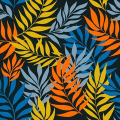 Bright Orange and Blue Tropical Flowing Leaves Raster Seamless Pattern