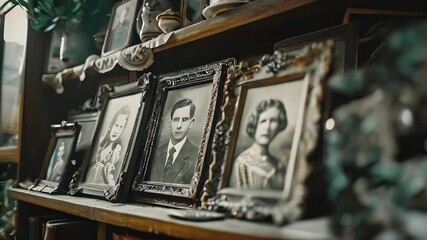 Vintage black and white family portraits in ornate frames on shelf