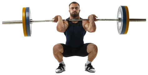 Full length portrait of athletic man in sportswear exercising with weight against transparent background. Young sportsman with barbell training at abstract gym. Sport, weightlifting concept